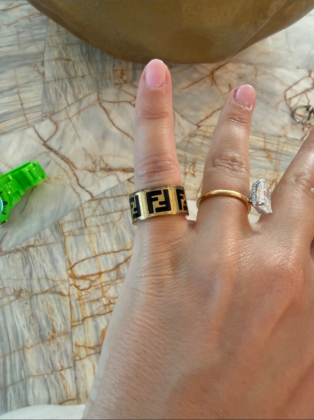 Fendi Gold And Black Ff Logo Wide Band Ring